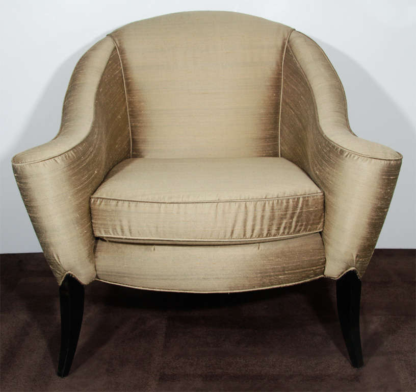 French Pair of Hollywood Upholstered Club Chairs With Swept Arms